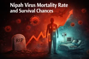 Illustration showing Nipah virus mortality rate and survival chances with hospital patient, virus particles, and rising fatality risk concept.