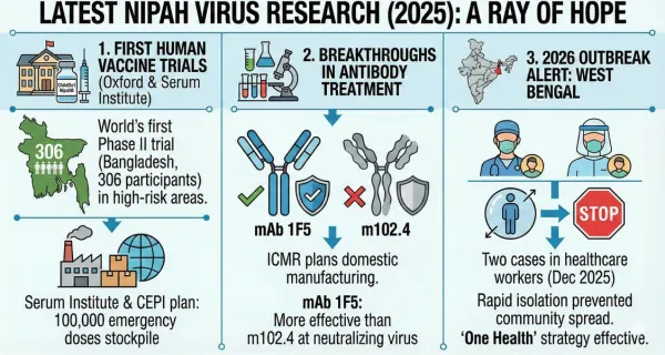 Diagram showing Nipah virus life cycle including transmission from fruit bats to animals and humans with disease progression stages.