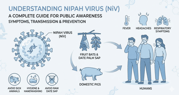 Educational graphic explaining Nipah virus transmission from bats and pigs to humans, common symptoms like fever and respiratory issues, and prevention through hygiene and avoiding contaminated food.